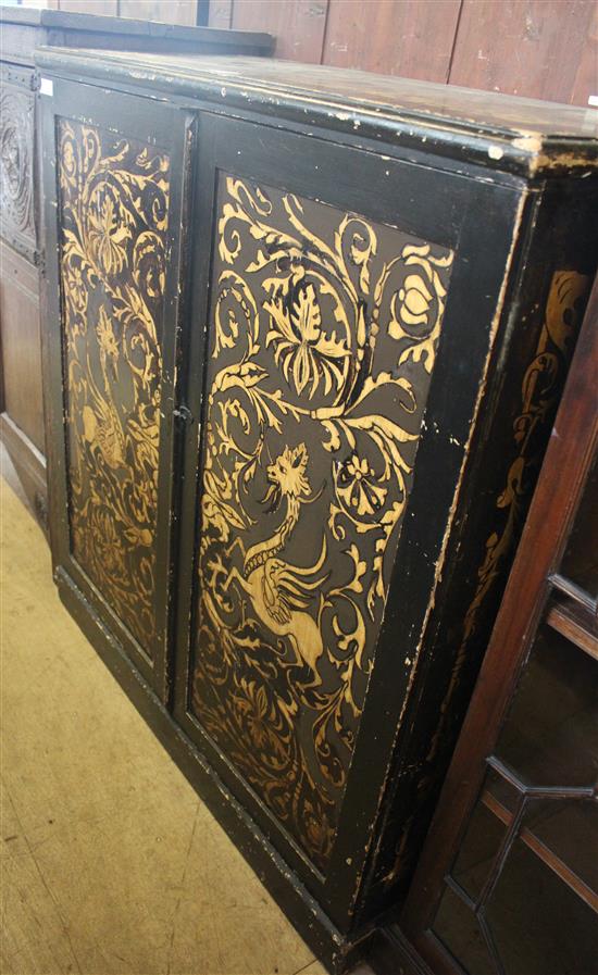 Penwork ebonised pine dwarf cupboard(-)